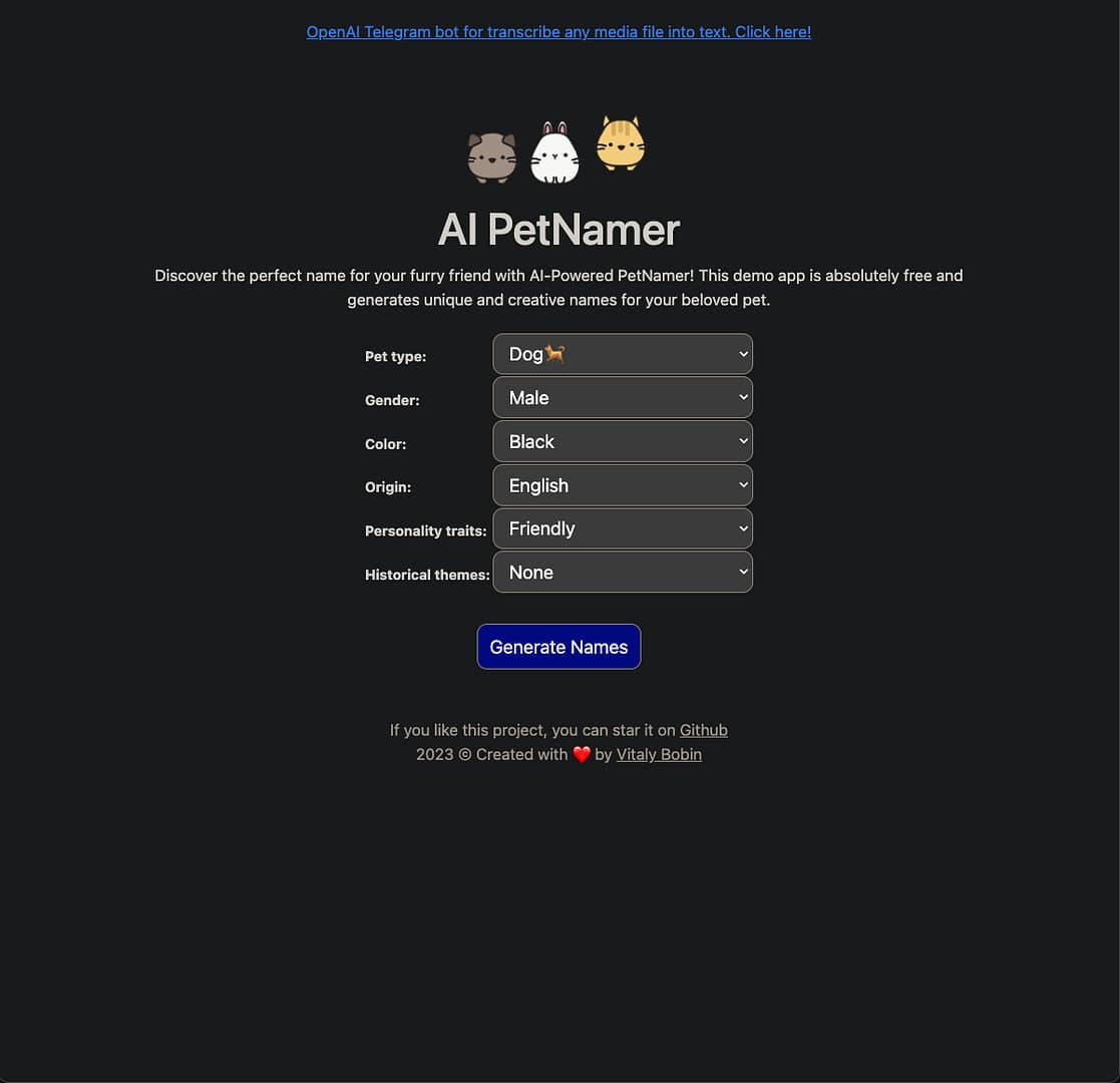 Preview of AI Pet Namer Website