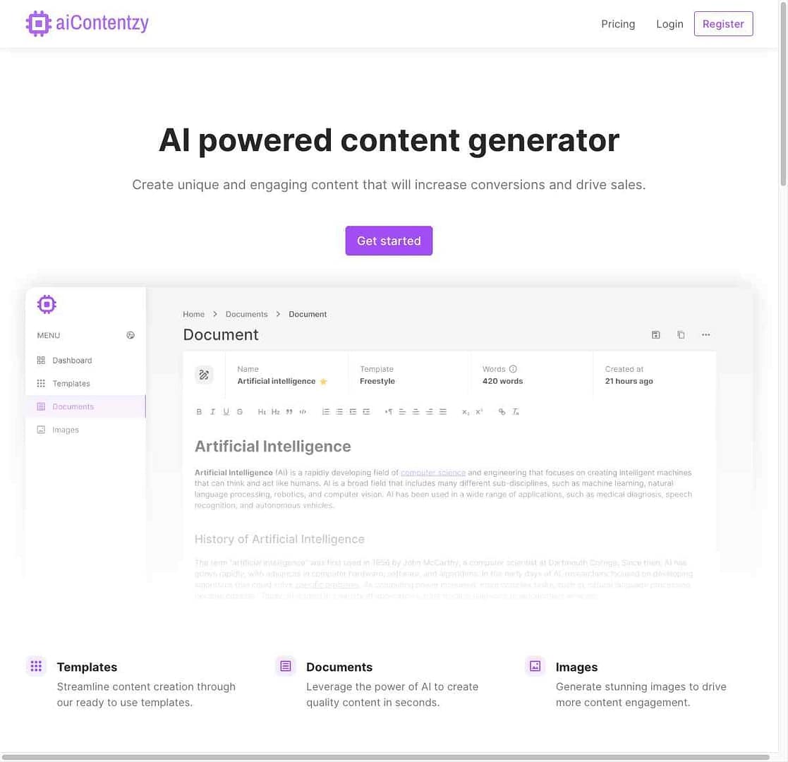 Preview of AiContentzy Website Homepage