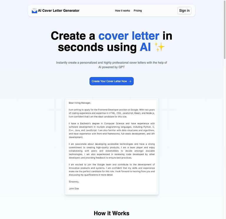 Preview of AI Cover Letter Generator Website